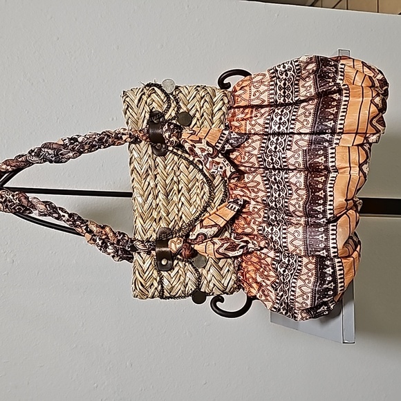Sun Sand Straw Beach Bag/Tote Purse Woven Straw Bling Fabric Boho - Picture 1 of 9